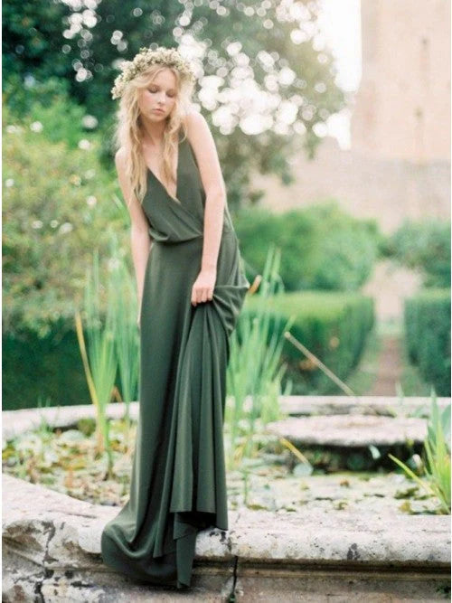 Vestido de novia para invitada/Vestido de dama de honor de gasa verde oscuro con tirantes finos, espalda descubierta y cola larga/Vestido formal